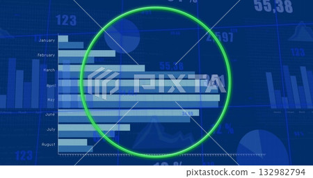 Highlighting dashboard bar chart with neon green circle, numeric readouts, pie and line overlays 132982794