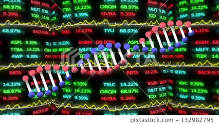 Displaying stylized DNA helix model floating on data screen, with stock tickers and line graphs Displaying stylized DNA helix model floating on data screen, with stock tickers and line graphs 132982795