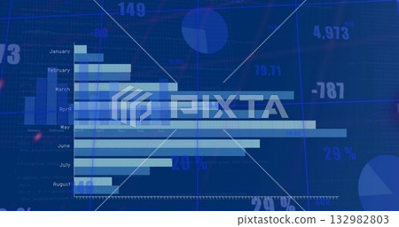 Presenting horizontal bar chart showing Jan to Aug on navy screen with cyan bars, numeric overlays Presenting horizontal bar chart showing Jan to Aug on navy screen with cyan bars, numeric overlays 132982803