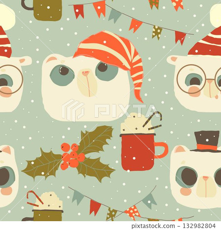 Seamless Pattern With Cute Polar Bear Faces and Christmas Elements Seamless Pattern With Cute Polar Bear Faces and Christmas Elements 132982804