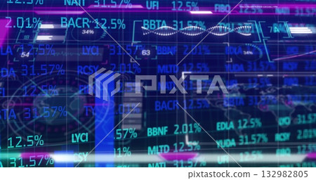 Showing overlays of ticker symbols, percentages, line graphs across trading center computer screens Showing overlays of ticker symbols, percentages, line graphs across trading center computer screens 132982805