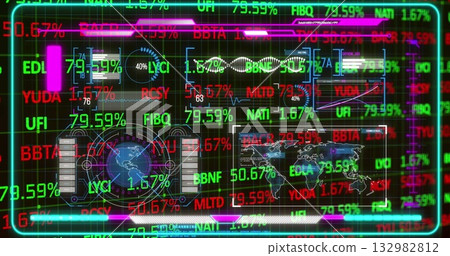 Displaying holographic data dashboard at control center, with neon code overlays and rotating globe Displaying holographic data dashboard at control center, with neon code overlays and rotating globe 132982812