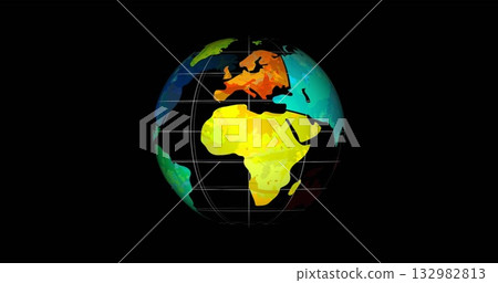 Color-coded Earth globe appearing on solid black background, with white grid lines 132982813