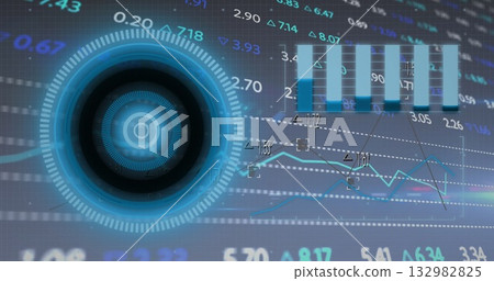 Rotating blue HUD gauge on grid with bar chart, graphs, numeric labels, delta markers, copy space 132982825