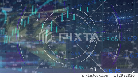 Displaying radial HUD overlaying trading screen, with candlesticks, line graphs and numeric labels Displaying radial HUD overlaying trading screen, with candlesticks, line graphs and numeric labels 132982826