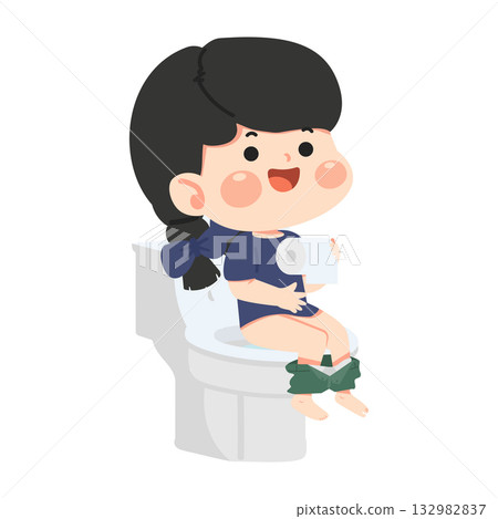 Cartoon Girl Sitting on Toilet Illustration 132982837