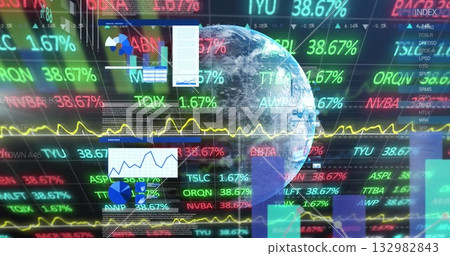 Showing digital globe mapping data on trading dashboard, with ticker symbols, charts and waveforms 132982843