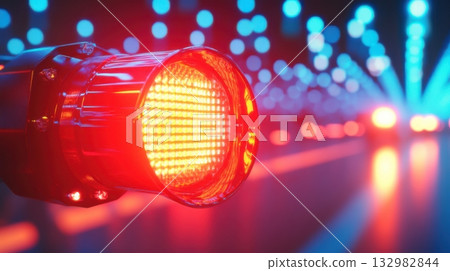 Emergency lights illuminate a dark road at night during a police response event in an urban environment 132982844