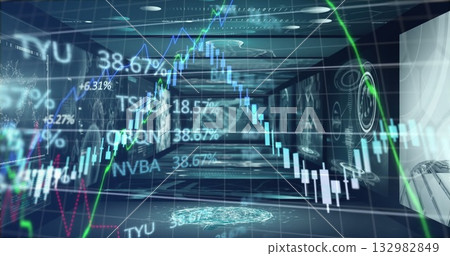 Displaying holographic candlestick chart flowing through virtual tunnel, with moving ticker symbols Displaying holographic candlestick chart flowing through virtual tunnel, with moving ticker symbols 132982849