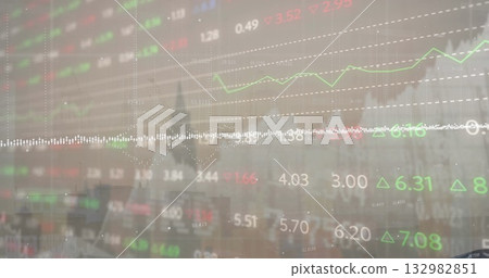 Rendering overlay over skyline, grid, line graphs, prices, arrows and waveform data stream 132982851