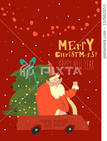Santa Claus Driving Car with Stack of Christmas Trees 132982853