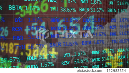 Displaying digital stock ticker display animating over blurred city high-rise, with percent changes Displaying digital stock ticker display animating over blurred city high-rise, with percent changes 132982854