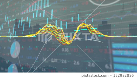 Multicolored line graph undulating across trading dashboard, with candlestick bars and pie segments 132982856