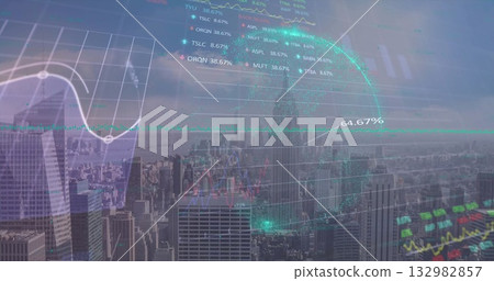 Displaying dotted digital globe mapping world data over urban skyline, with translucent line chart 132982857