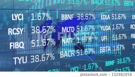 Market panel scrolling stock tickers in digital interface, with world map silhouette, percentages 132982858