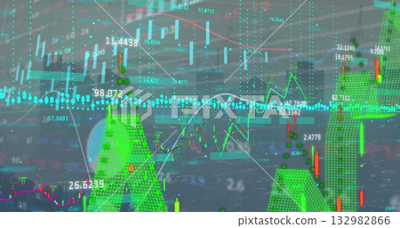 Displaying financial data over trading floor, with multicolor candlesticks, graphs and data points Displaying financial data over trading floor, with multicolor candlesticks, graphs and data points 132982866
