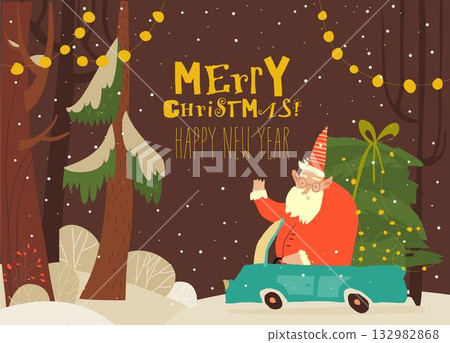 Santa Claus driving Car in Magical Winter Forest at Night. Christmas or New Year Greeting Card Santa Claus driving Car in Magical Winter Forest at Night. Christmas or New Year Greeting Card 132982868