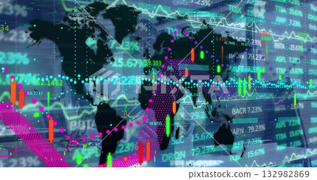 Displaying world map silhouette on trading dashboard with candlestick bars and line graphs Displaying world map silhouette on trading dashboard with candlestick bars and line graphs 132982869