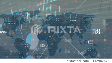 Displaying world map with node links, candlesticks, trend lines and numeric overlays on dashboard 132982872
