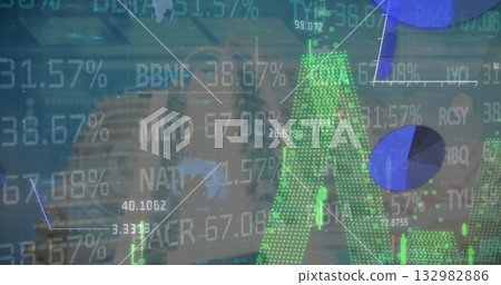 Displaying green dotted bar chart rising on financial interface with tickers and pie charts Displaying green dotted bar chart rising on financial interface with tickers and pie charts 132982886