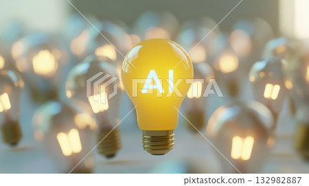 Bright yellow light bulb with AI symbol among other bulbs in a creative display setting 132982887