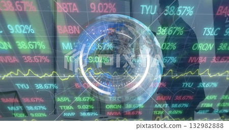 Traders wearing suits manipulating holographic globe and tickers in trading office with laptops Traders wearing suits manipulating holographic globe and tickers in trading office with laptops 132982888