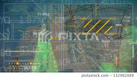 Displaying dashboard interface in virtual control room, showing charts, gauges, maps and grids 132982889