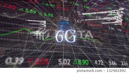 6G text hovering over wireframe grid in network space, with numerals, arrows, chart lines, code 6G text hovering over wireframe grid in network space, with numerals, arrows, chart lines, code 132982892