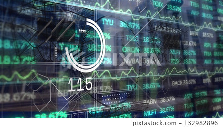 Showing dashboard offering financial data in office, with gauge 115, graphs and ticker percentages Showing dashboard offering financial data in office, with gauge 115, graphs and ticker percentages 132982896