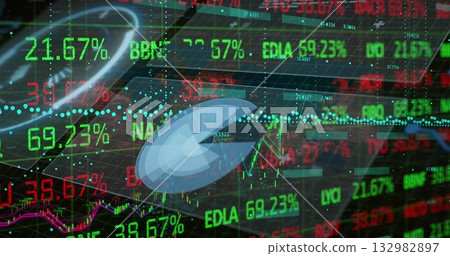 Displaying market data overlay at trading dashboard with ticker symbols, percentages and charts 132982897