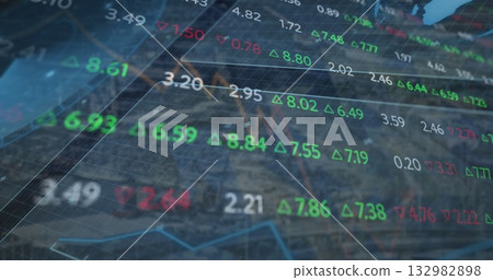 Displaying floating digital numbers, line chart traces and wireframe grid over blurred city skyline 132982898