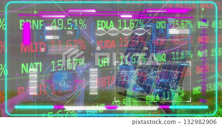 Projecting holographic dashboard showing green and magenta tickers in control room, with monitors Projecting holographic dashboard showing green and magenta tickers in control room, with monitors 132982906