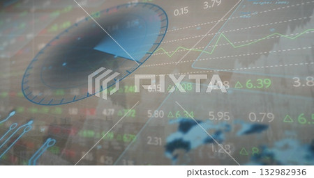 Displaying financial dashboard overlaying facade, with gauge dial and line graphs and delta arrows Displaying financial dashboard overlaying facade, with gauge dial and line graphs and delta arrows 132982936