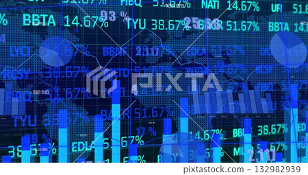 Displaying data visualization on digital screen, with bar charts, line graphs and ticker symbols 132982939