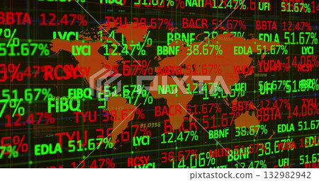 Displaying orange world map silhouette overlaying digital dashboard, with scrolling stock tickers Displaying orange world map silhouette overlaying digital dashboard, with scrolling stock tickers 132982942