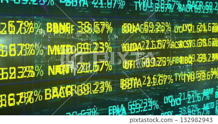 Displaying data on screen at trading terminal showing stock tickers and percent changes, grid lines Displaying data on screen at trading terminal showing stock tickers and percent changes, grid lines 132982943