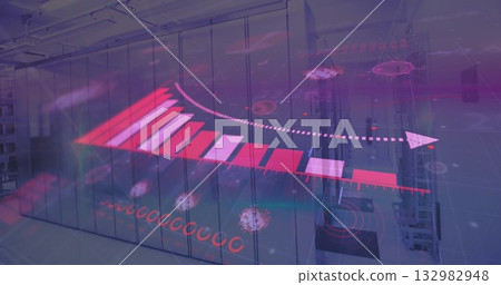 Translucent bar chart showing falling bars and rising arrow in server room with racks, node icons Translucent bar chart showing falling bars and rising arrow in server room with racks, node icons 132982948