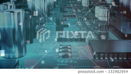 PCB displaying capacitors, chips, resistors and traces in lab simulation, with binary overlays 132982954