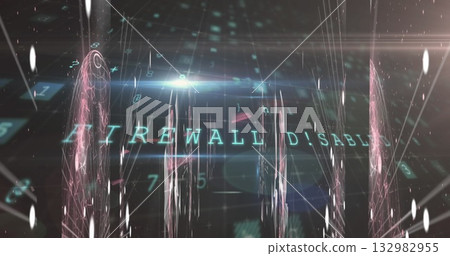 Displaying glowing text FIREWALL DISABLED hovering within cyberspace, pillars, numeric digits 132982955