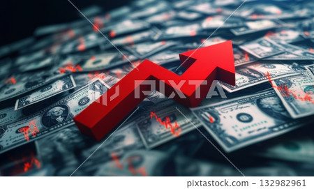 Financial growth symbolized by red arrow over scattered dollar bills in a dynamic market environment 132982961