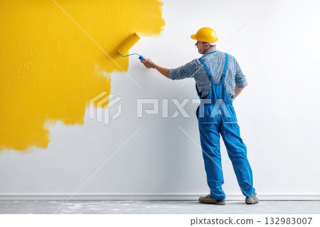 Building contractor wear protective helmet painting yellow wall with roller brush. Copy space. Construction worker renovating house. Male painter Workman in uniform paints indoor the building site. 132983007