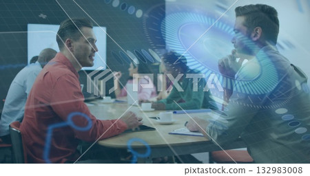 Man in red button-down shirt reviewing slides on wall monitor in meeting room, copy space 132983008