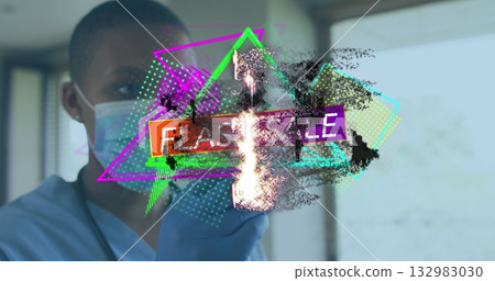 Nurse in scrubs mask gloves checking pipette in clinic, FLASH SALE overlay, copy space Nurse in scrubs mask gloves checking pipette in clinic, FLASH SALE overlay, copy space 132983030