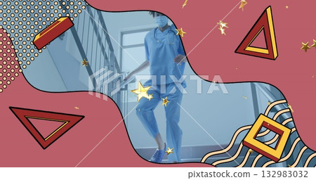 Medic in scrubs going down hospital stairs holding rail with stethoscope surgical mask window steps Medic in scrubs going down hospital stairs holding rail with stethoscope surgical mask window steps 132983032
