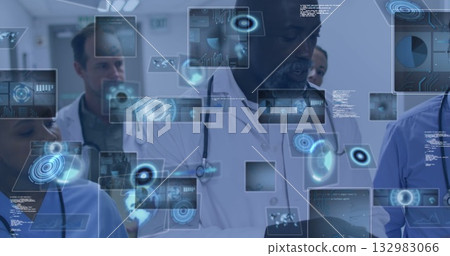 Analyzing diverse medical team reviewing holographic data in corridor, with stethoscope and tablet Analyzing diverse medical team reviewing holographic data in corridor, with stethoscope and tablet 132983066