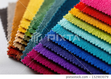 Fabric samples. Colorful bright fabric sampling of furniture, clothing upholstery. Palette guide different colors. Collection. Multicolor texture background. Catalog of multicolored cloth. Color guide 132983079