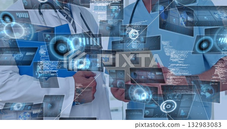 Doctors in lab coat and scrubs reviewing holographic panels in corridor, with tablet and folder Doctors in lab coat and scrubs reviewing holographic panels in corridor, with tablet and folder 132983083