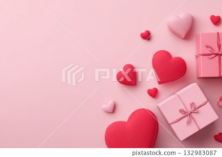 Happy Valentines day template with gift box. Romantic design decorative objects, red heart. Sale long banner, surprise poster, flyer and brochure. Mock up holiday. Front view. 3D. Panoramic 132983087