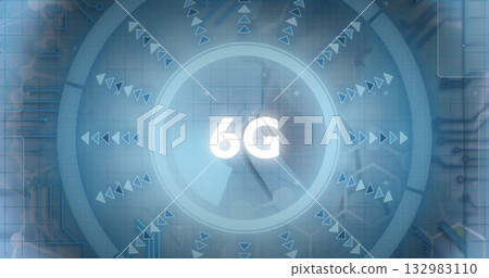 Displaying 6G holographic circular interface on grid, with radiating arrows and circuit traces 132983110
