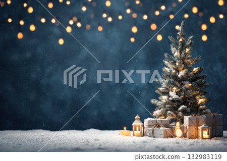 Snow-covered Christmas tree adorned with glowing lights and wrapped gifts. Blue background festive atmosphere with soft snowfall and shimmering bokeh effects. snowy environment, holiday spirit scene. Snow-covered Christmas tree adorned with glowing lights and wrapped gifts. Blue background festive atmosphere with soft snowfall and shimmering bokeh effects. snowy environment, holiday spirit scene. 132983119